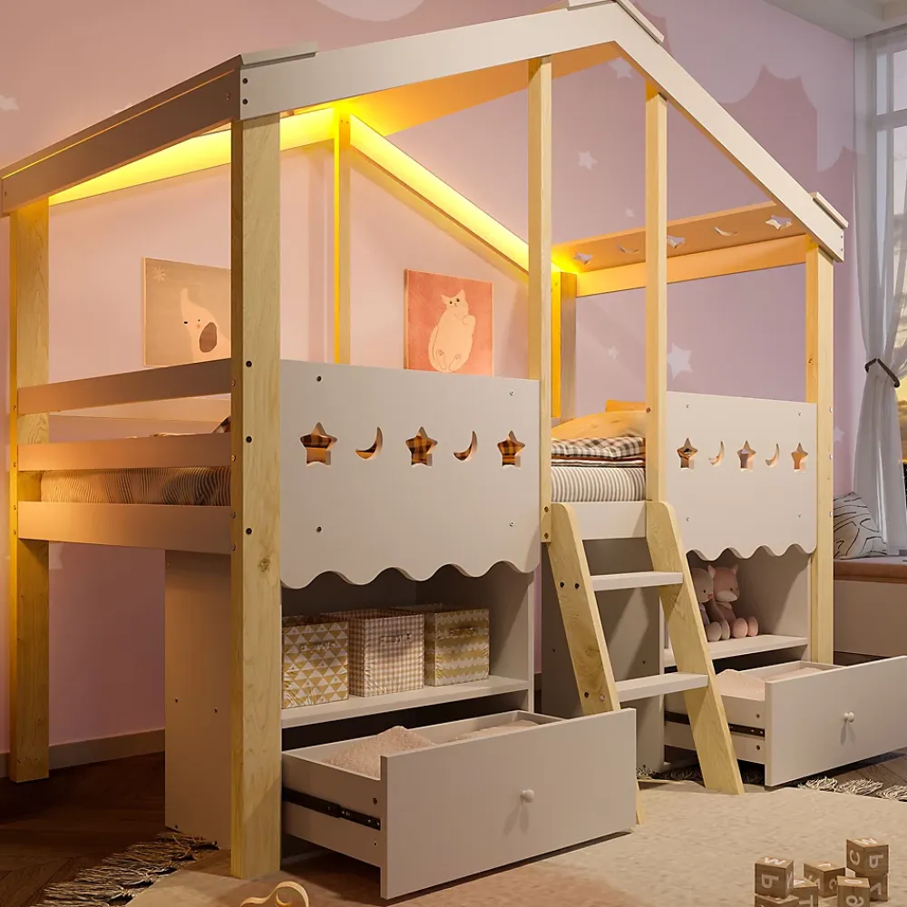 Okwish Lit enfant 90x200 cm simple mi-hauteur avec cabane, tiroirs pratiques et éclairage LED, pin+MDF blanc et bois clair*Enfant Lit Enfant