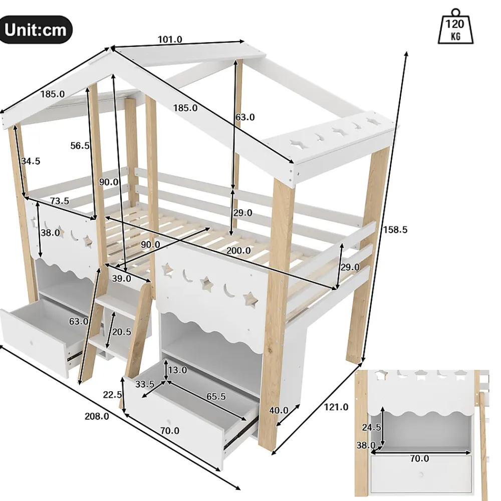Okwish Lit enfant 90x200 cm simple mi-hauteur avec cabane, tiroirs pratiques et éclairage LED, pin+MDF blanc et bois clair*Enfant Lit Enfant