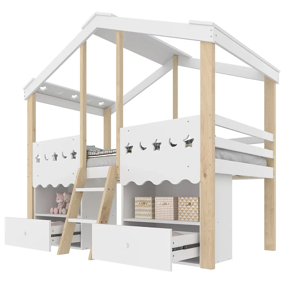 Okwish Lit enfant 90x200 cm simple mi-hauteur avec cabane, tiroirs pratiques et éclairage LED, pin+MDF blanc et bois clair*Enfant Lit Enfant