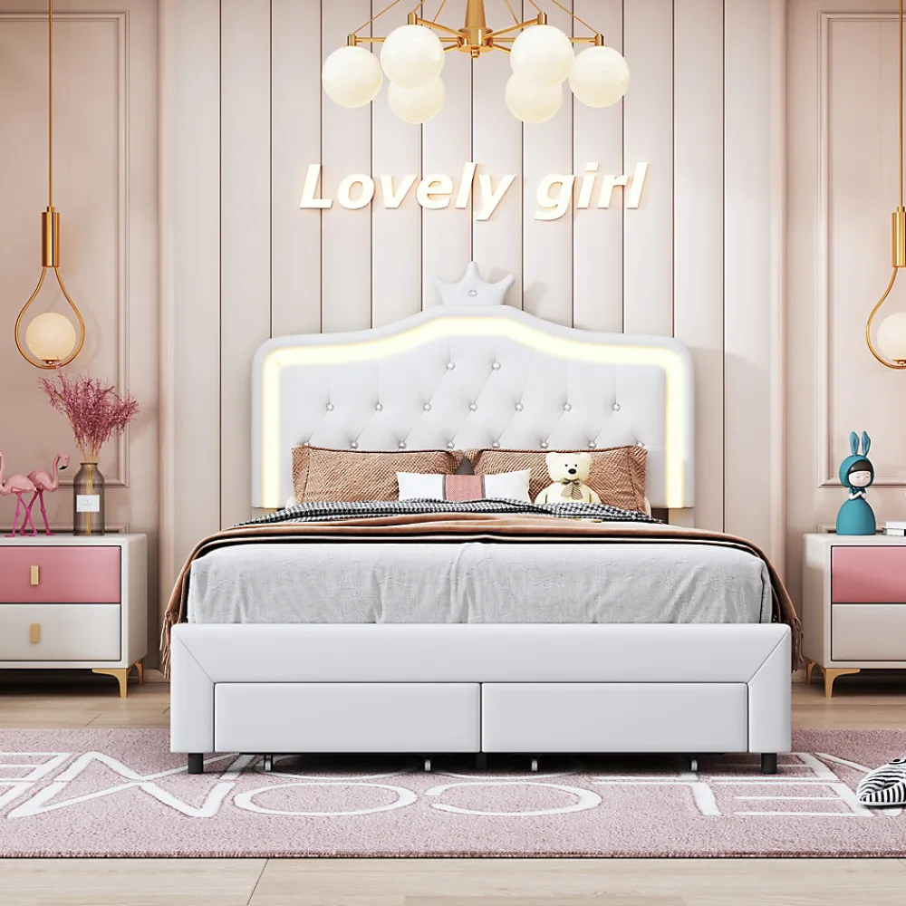 lit enfant 140x200 cm,lit simple capitonné 140 x 200 avec tiroir,LED réglable,lit princesse avec couronne,PU,blanc>Generique New