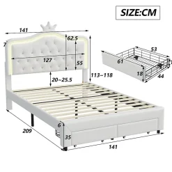 lit enfant 140x200 cm,lit simple capitonné 140 x 200 avec tiroir,LED réglable,lit princesse avec couronne,PU,blanc><noscript><img width=