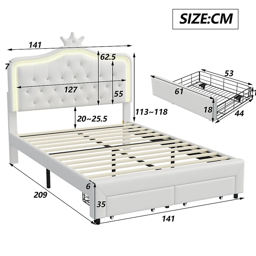 lit enfant 140x200 cm,lit simple capitonné 140 x 200 avec tiroir,LED réglable,lit princesse avec couronne,PU,blanc>Generique New