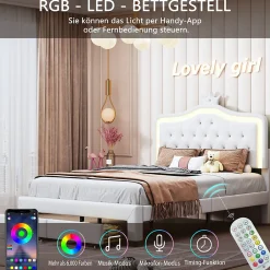 lit enfant 140x200 cm,lit simple capitonné 140 x 200 avec tiroir,LED réglable,lit princesse avec couronne,PU,blanc><noscript><img width=