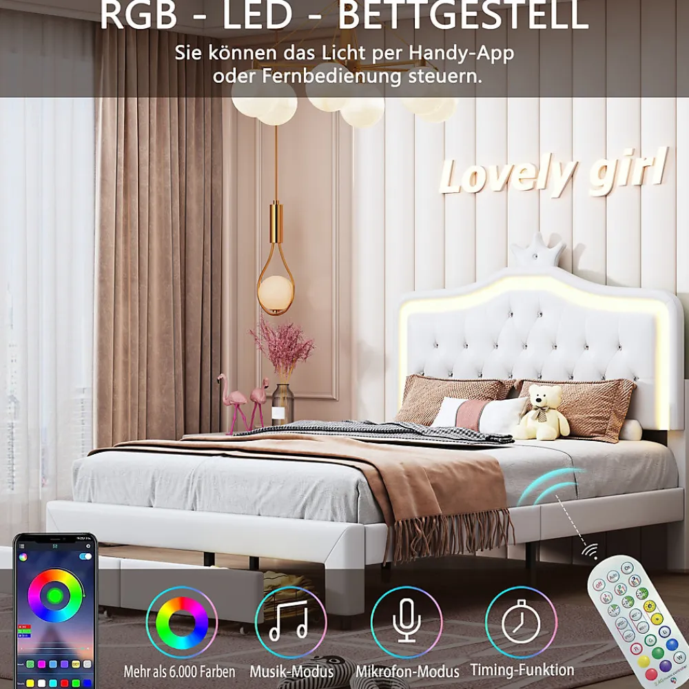 lit enfant 140x200 cm,lit simple capitonné 140 x 200 avec tiroir,LED réglable,lit princesse avec couronne,PU,blanc>Generique New