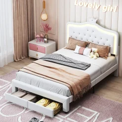 lit enfant 140x200 cm,lit simple capitonné 140 x 200 avec tiroir,LED réglable,lit princesse avec couronne,PU,blanc><noscript><img width=