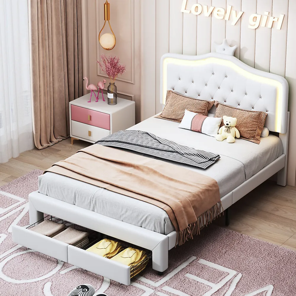 lit enfant 140x200 cm,lit simple capitonné 140 x 200 avec tiroir,LED réglable,lit princesse avec couronne,PU,blanc>Generique New
