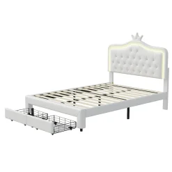 lit enfant 140x200 cm,lit simple capitonné 140 x 200 avec tiroir,LED réglable,lit princesse avec couronne,PU,blanc><noscript><img width=