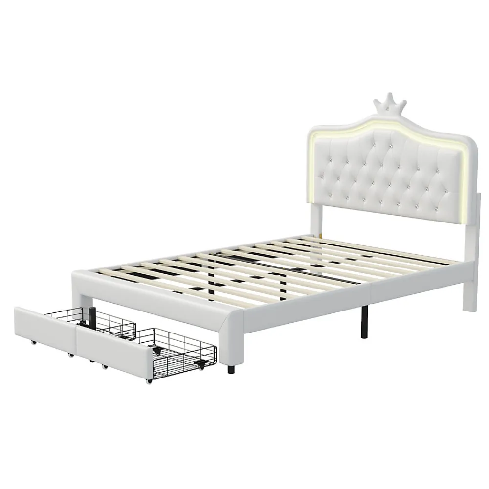 lit enfant 140x200 cm,lit simple capitonné 140 x 200 avec tiroir,LED réglable,lit princesse avec couronne,PU,blanc>Generique New