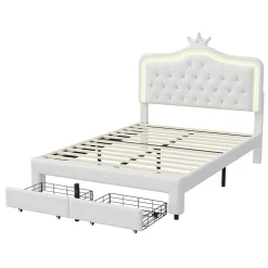 lit enfant 140x200 cm,lit simple capitonné 140 x 200 avec tiroir,LED réglable,lit princesse avec couronne,PU,blanc><noscript><img width=