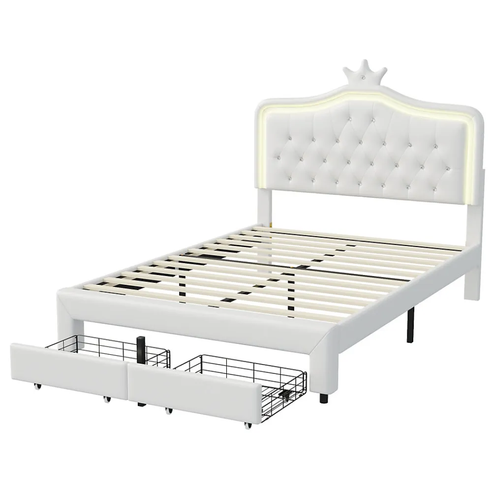 lit enfant 140x200 cm,lit simple capitonné 140 x 200 avec tiroir,LED réglable,lit princesse avec couronne,PU,blanc>Generique New