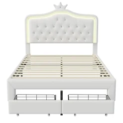 lit enfant 140x200 cm,lit simple capitonné 140 x 200 avec tiroir,LED réglable,lit princesse avec couronne,PU,blanc><noscript><img width=