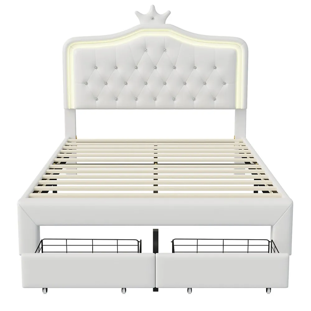 lit enfant 140x200 cm,lit simple capitonné 140 x 200 avec tiroir,LED réglable,lit princesse avec couronne,PU,blanc>Generique New