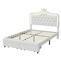 lit enfant 140x200 cm,lit simple capitonné 140 x 200 avec tiroir,LED réglable,lit princesse avec couronne,PU,blanc><noscript><img width=