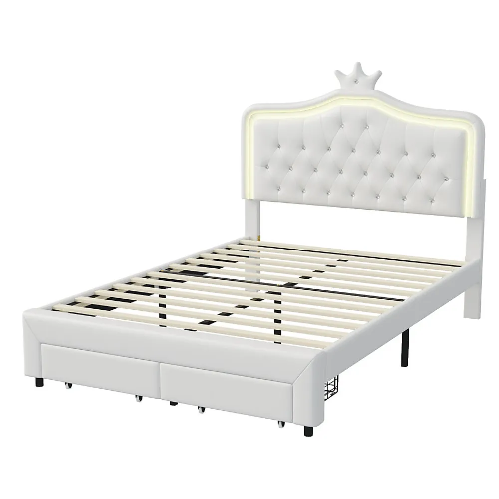 lit enfant 140x200 cm,lit simple capitonné 140 x 200 avec tiroir,LED réglable,lit princesse avec couronne,PU,blanc>Generique New