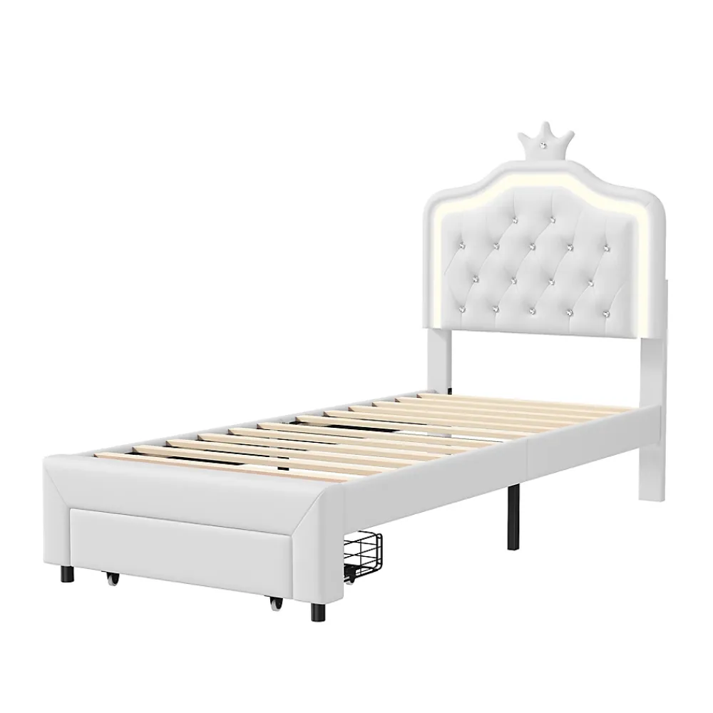 Generique lit enfant 90x200 cm,lit simple capitonné 90 x 200 avec tiroir,LED réglable,lit princesse avec couronne,PU,blanc* Lit Simple