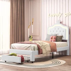 Generique lit enfant 90x200 cm,lit simple capitonné 90 x 200 avec tiroir,LED réglable,lit princesse avec couronne,PU,blanc* Lit Simple