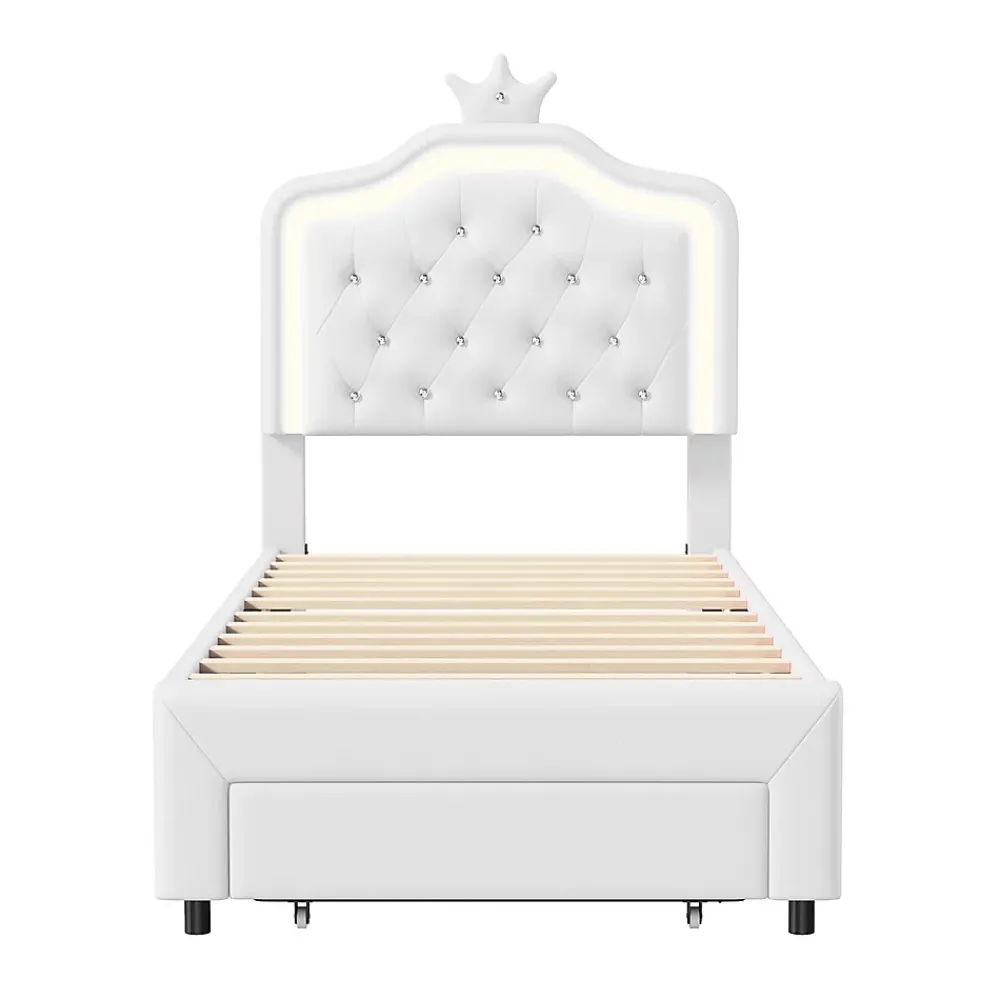 Generique lit enfant 90x200 cm,lit simple capitonné 90 x 200 avec tiroir,LED réglable,lit princesse avec couronne,PU,blanc* Lit Simple