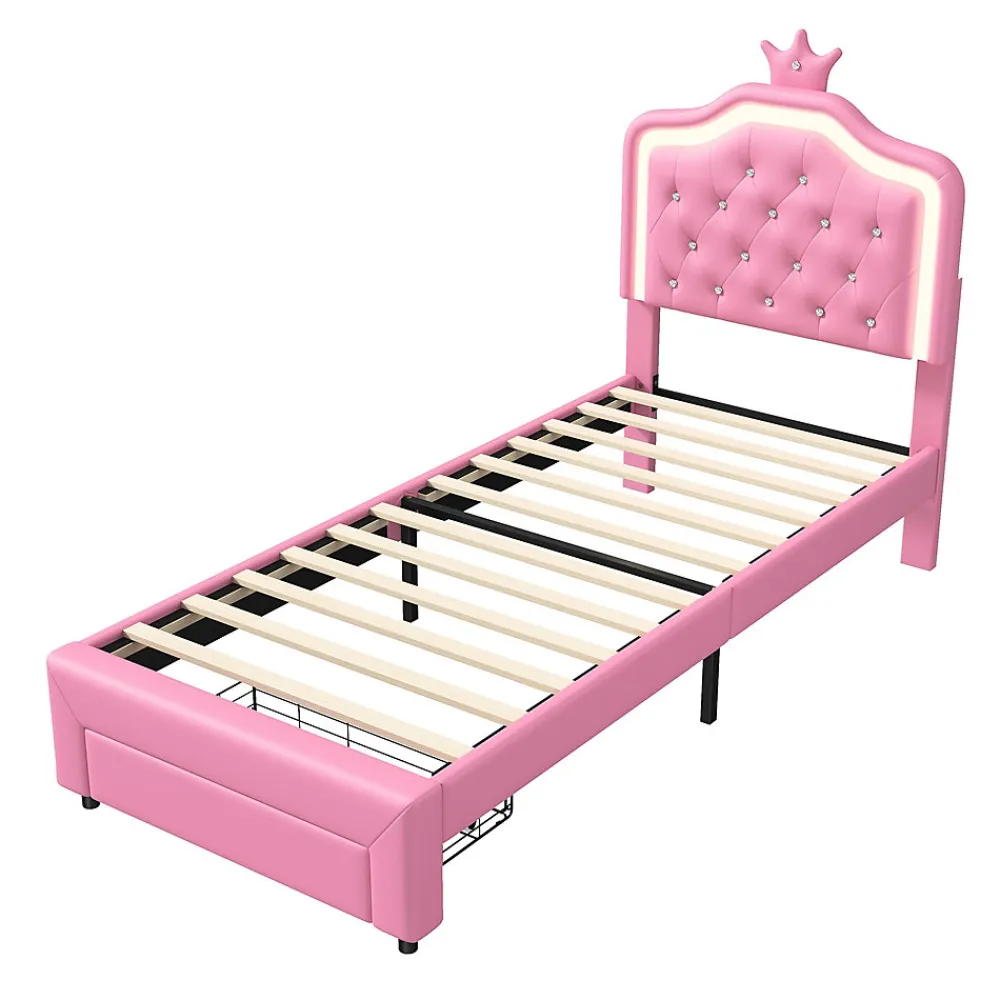 lit enfant 90x200 cm,lit simple capitonné 90 x 200 avec tiroir,LED réglable,lit princesse avec couronne,PU,ROSE>ProximaX Sale