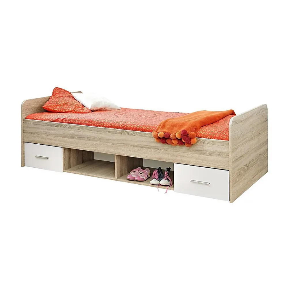Meublorama Lit enfant 90x200 collection DENVER. coloris chene et blanc. Tiroirs inclus* Lit Avec Rangement