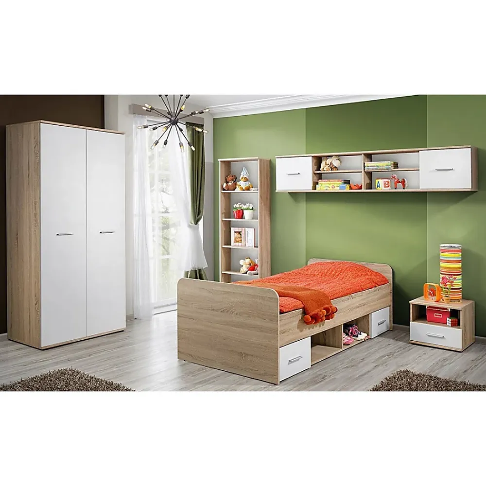 Meublorama Lit enfant 90x200 collection DENVER. coloris chene et blanc. Tiroirs inclus* Lit Avec Rangement