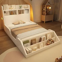 ModernLuxe Lit enfant 90x200cm - avec bibliothèque amovible - tête de lit avec étagère - avec veilleuse - Blanc (sans matelas)*Enfant Lit Enfant