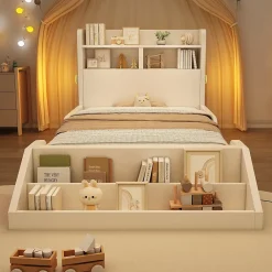 ModernLuxe Lit enfant 90x200cm - avec bibliothèque amovible - tête de lit avec étagère - avec veilleuse - Blanc (sans matelas)*Enfant Lit Enfant