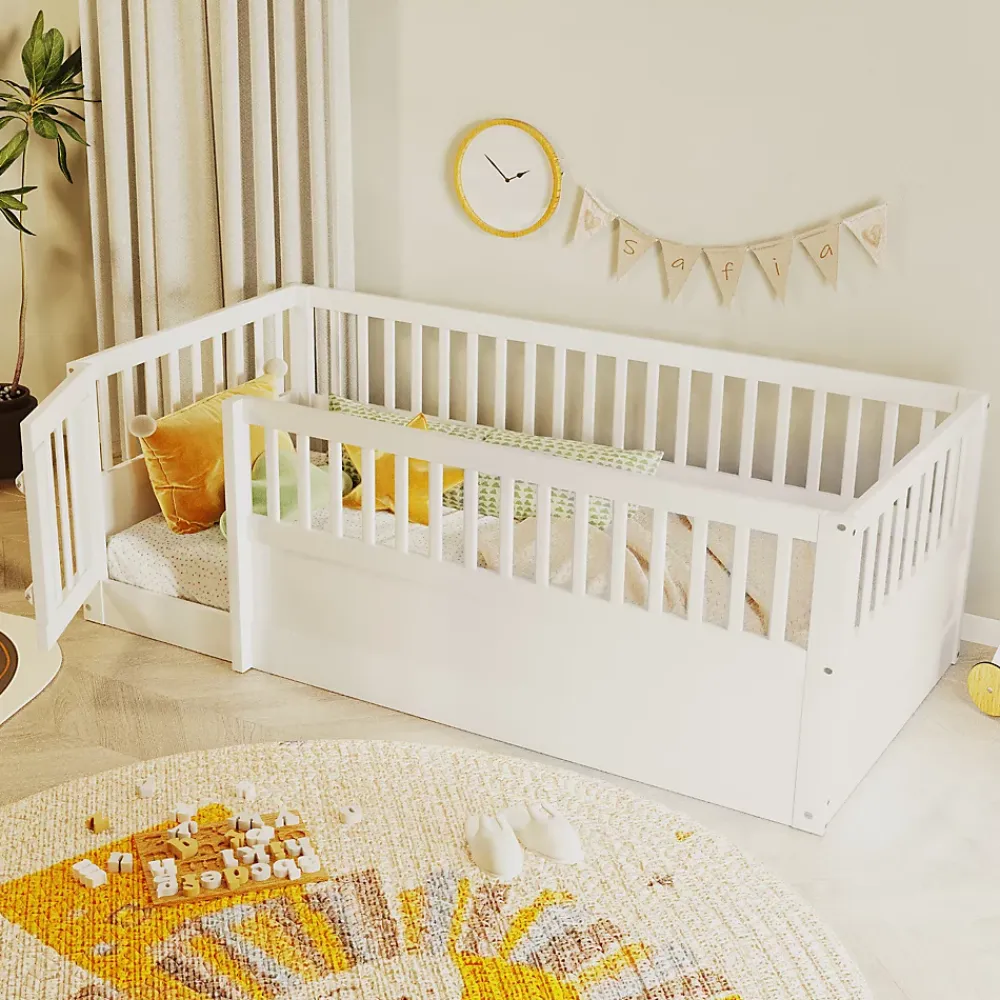 ModernLuxe Lit enfant 90x200cm - cadre en bois - barrières de sécurité - porte - blanc (sommier non inclus)*Enfant Lit Enfant