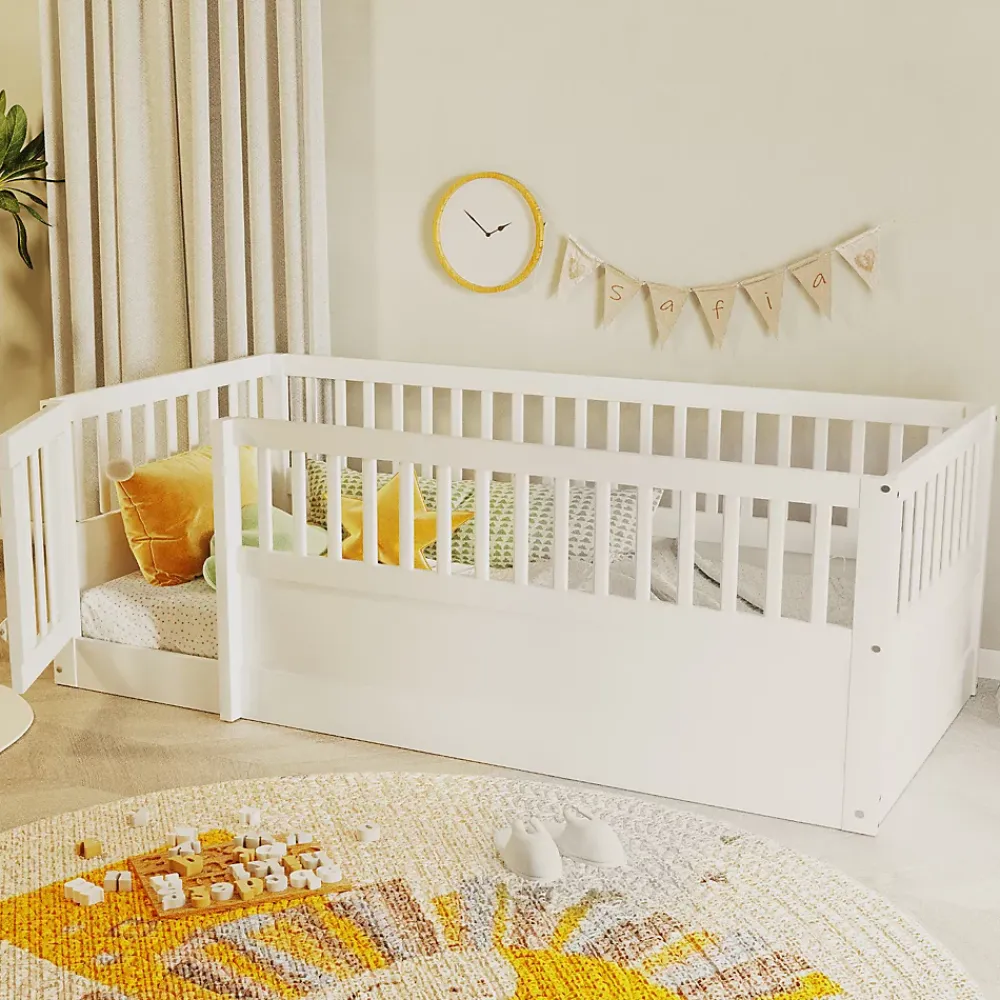 ModernLuxe Lit enfant 90x200cm - cadre en bois - barrières de sécurité - porte - blanc (sommier non inclus)*Enfant Lit Enfant