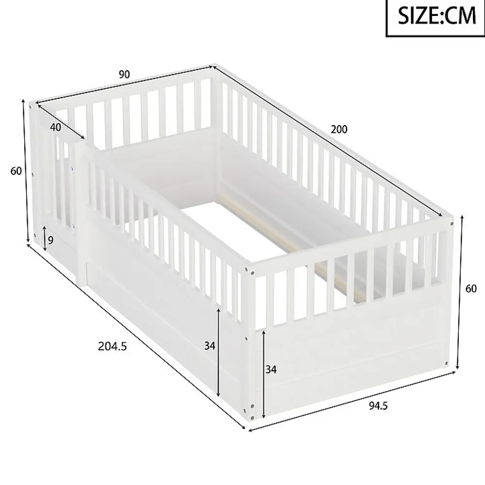 ModernLuxe Lit enfant 90x200cm - cadre en bois - barrières de sécurité - porte - blanc (sommier non inclus)*Enfant Lit Enfant