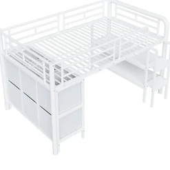 Lit enfant 90x200cm - escalier - étagères - rangements - blanc (matelas non inclus)><noscript><img width=