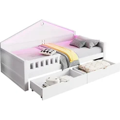 ModernLuxe Lit enfant 90x200cm - LED - 2 tiroirs - sommier à lattes - blanc (matelas non inclus)*Enfant Lit Enfant