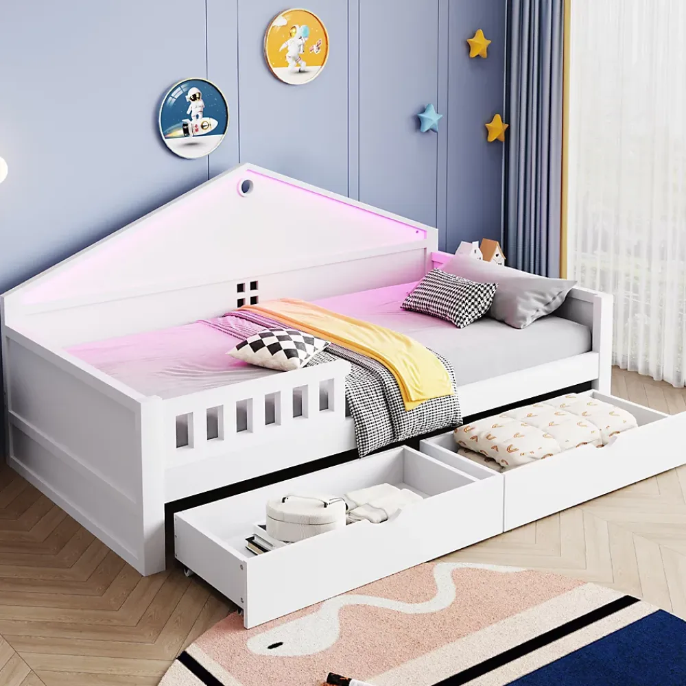 ModernLuxe Lit enfant 90x200cm - LED - 2 tiroirs - sommier à lattes - blanc (matelas non inclus)*Enfant Lit Enfant