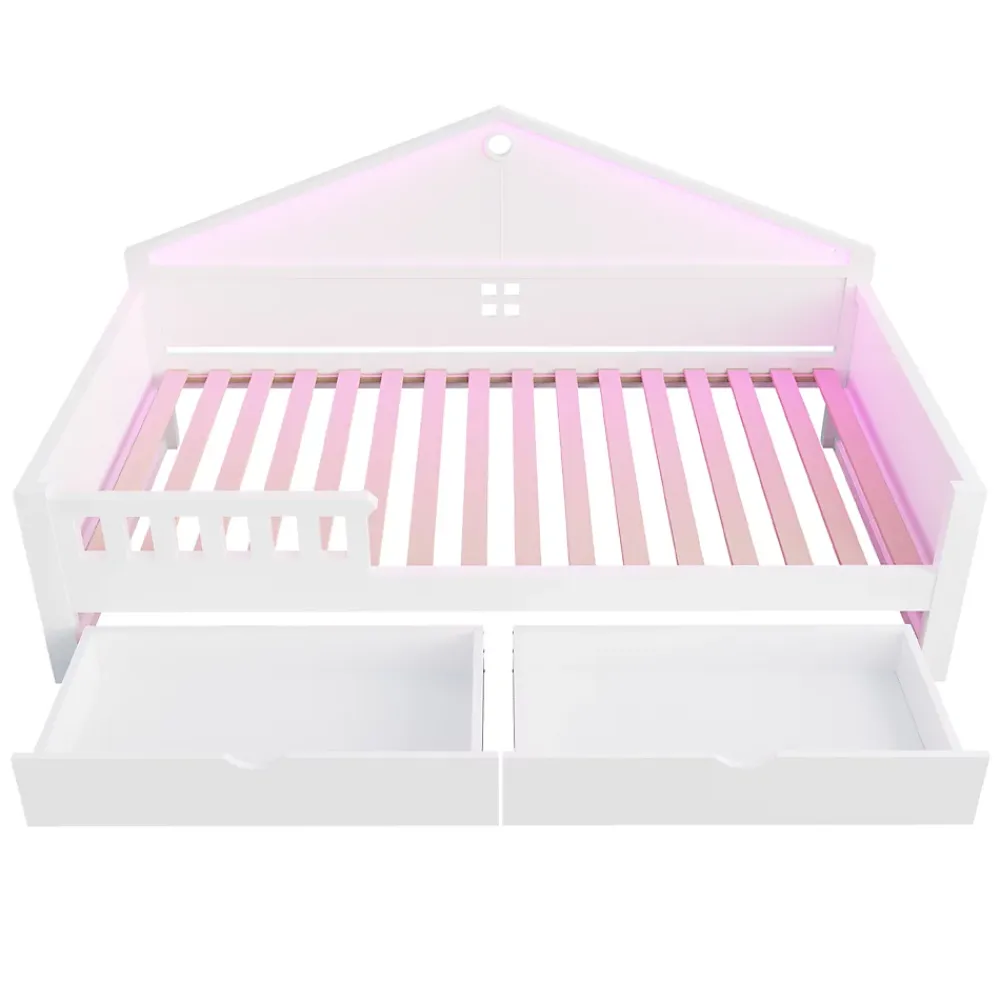 ModernLuxe Lit enfant 90x200cm - LED - 2 tiroirs - sommier à lattes - blanc (matelas non inclus)*Enfant Lit Enfant