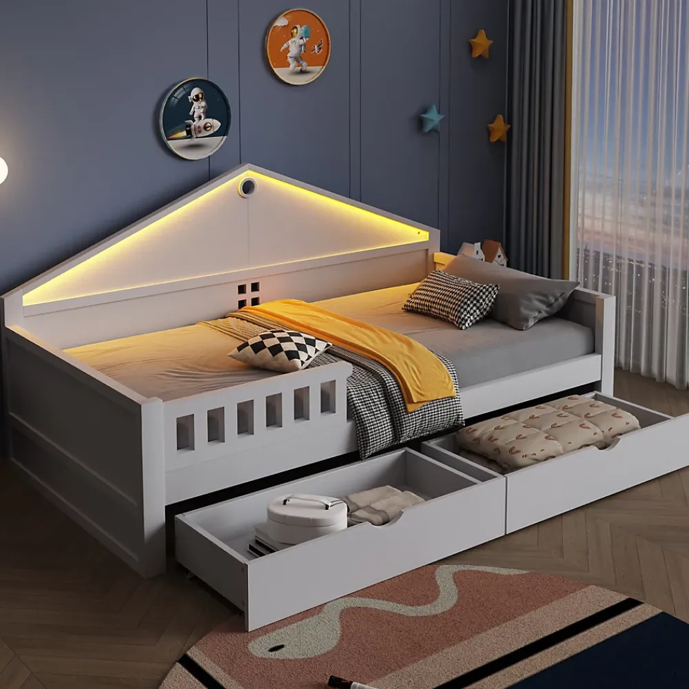 ModernLuxe Lit enfant 90x200cm - LED - 2 tiroirs - sommier à lattes - blanc (matelas non inclus)*Enfant Lit Enfant