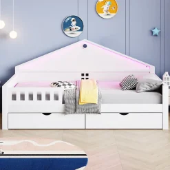 ModernLuxe Lit enfant 90x200cm - LED - 2 tiroirs - sommier à lattes - blanc (matelas non inclus)*Enfant Lit Enfant