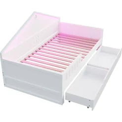 ModernLuxe Lit enfant 90x200cm - LED - 2 tiroirs - sommier à lattes - blanc (matelas non inclus)*Enfant Lit Enfant