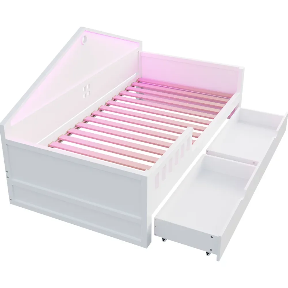 ModernLuxe Lit enfant 90x200cm - LED - 2 tiroirs - sommier à lattes - blanc (matelas non inclus)*Enfant Lit Enfant