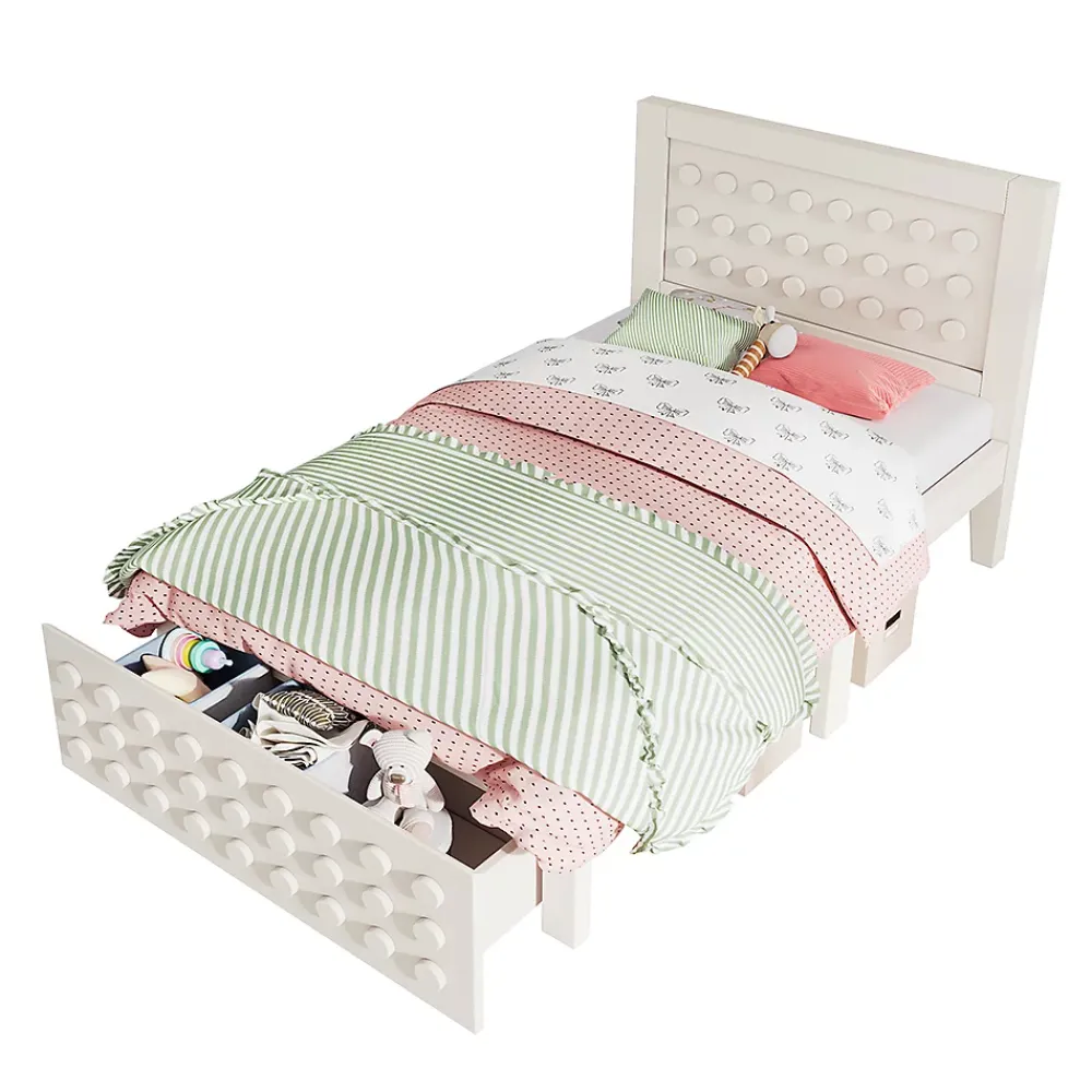 Blackcolors Lit enfant 90x190cm bois massif, rangement tiroirs, blanc, design blocs, sans matelas* Lit Coffre