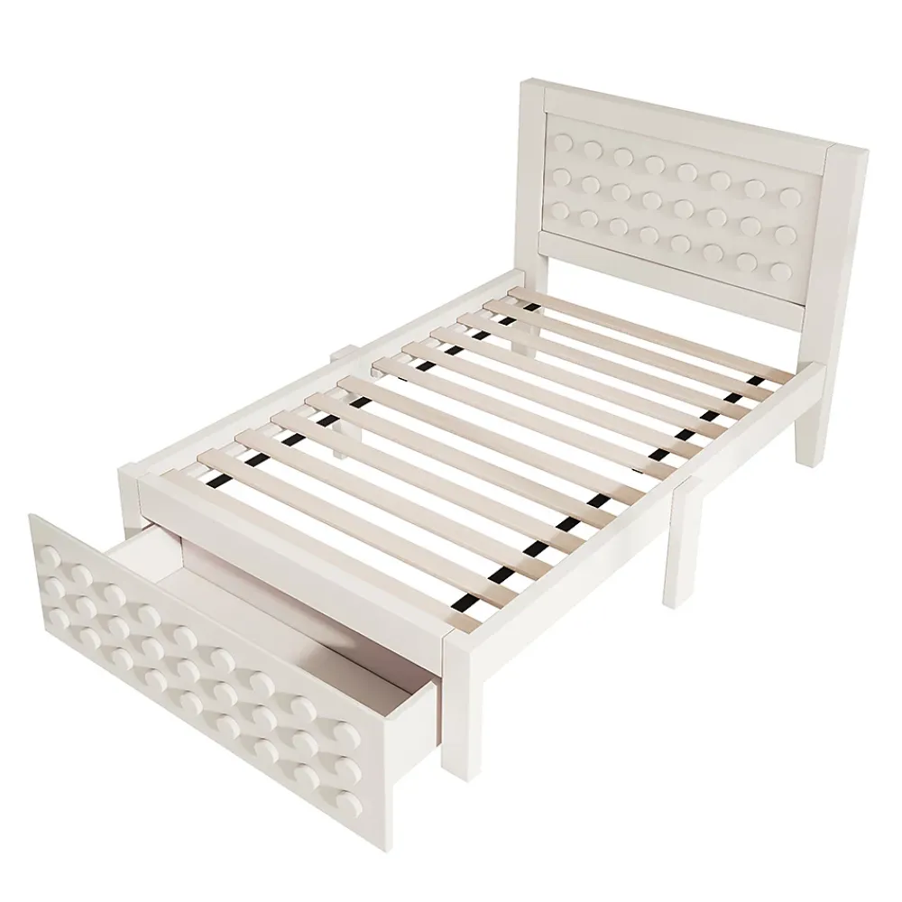 Blackcolors Lit enfant 90x190cm bois massif, rangement tiroirs, blanc, design blocs, sans matelas* Lit Coffre