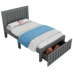 Blackcolors Lit enfant 90x200cm bois massif, rangement tiroirs, gris, design blocs, sans matelas* Lit Coffre