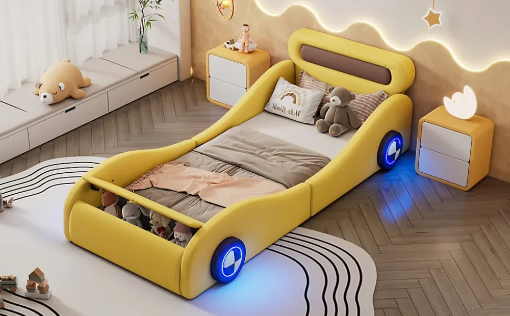 Fortuna lai Lit Enfant 90x200cm, Forme Voiture, Roues Lumineuses, Rangement, Sans Matelas, Jaune*Enfant Lit Enfant