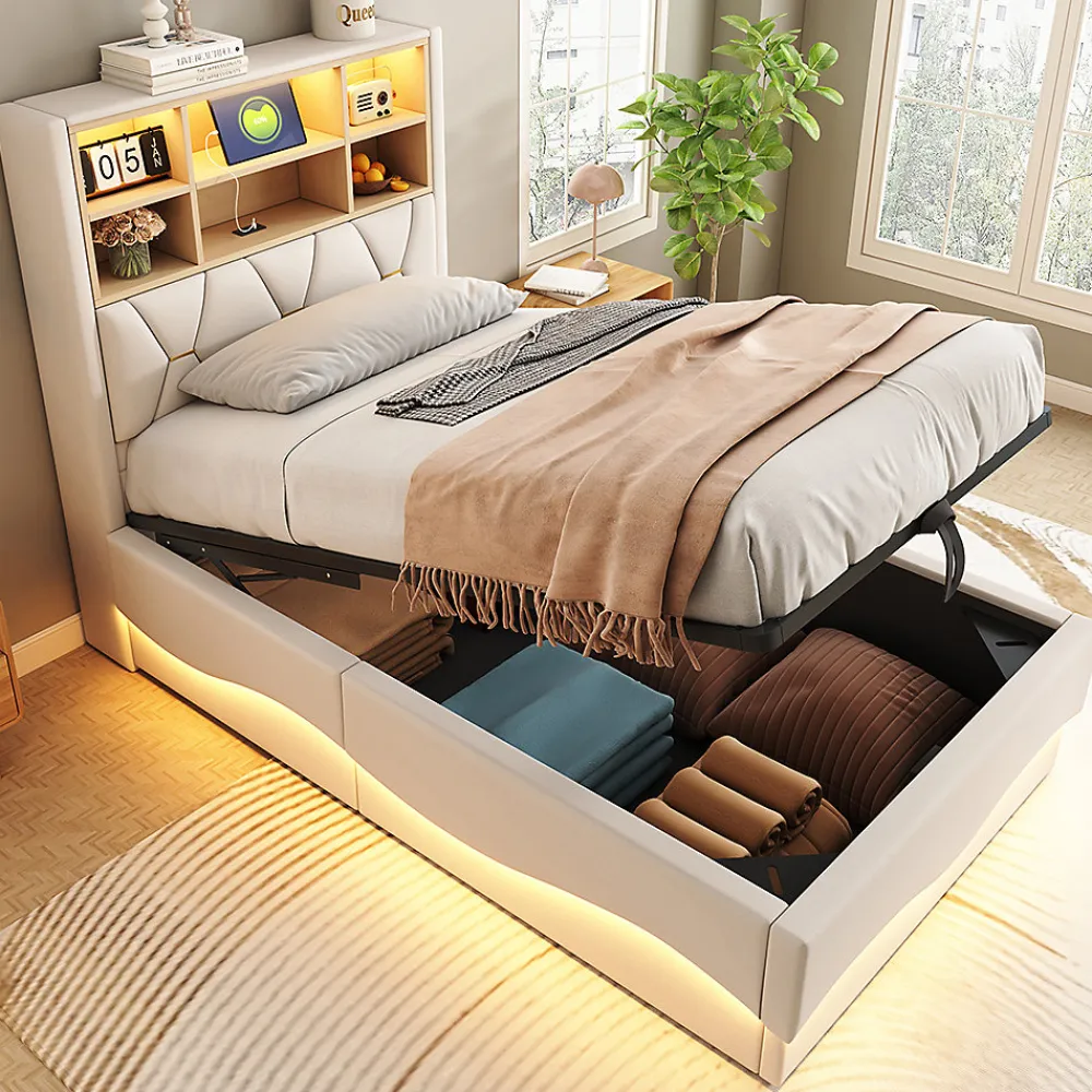 Lit enfant 90x200cm, LED app, USB, rangement hydraulique, lin beige>Blackcolors Outlet