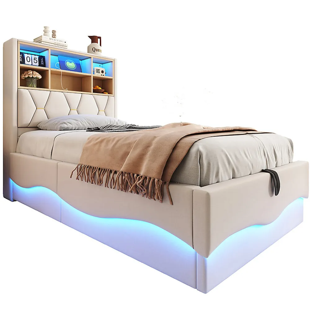 Lit enfant 90x200cm, LED app, USB, rangement hydraulique, lin beige>Blackcolors Outlet