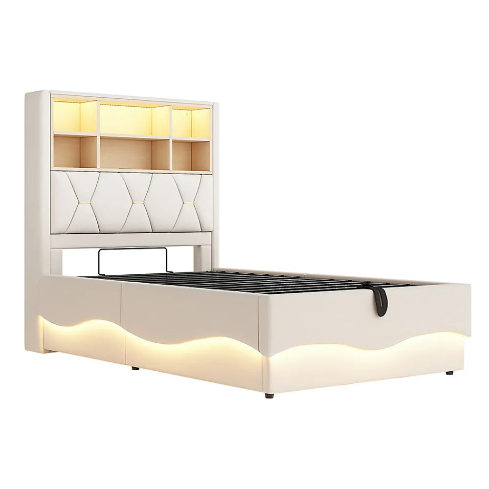 Lit enfant 90x200cm, LED app, USB, rangement hydraulique, lin beige>Blackcolors Outlet