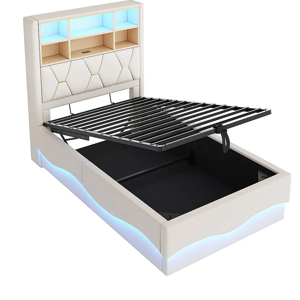 Lit enfant 90x200cm, LED app, USB, rangement hydraulique, lin beige>Blackcolors Outlet