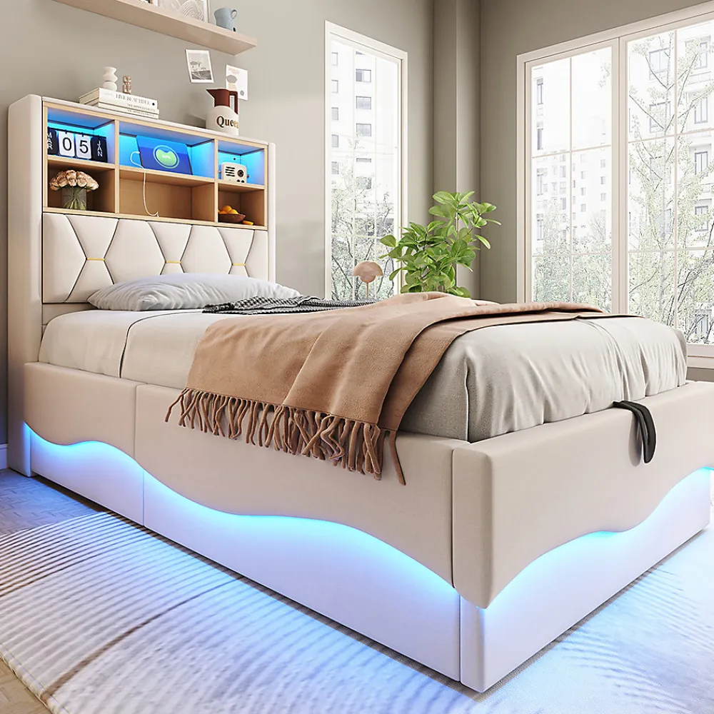 Lit enfant 90x200cm, LED app, USB, rangement hydraulique, lin beige>Blackcolors Outlet