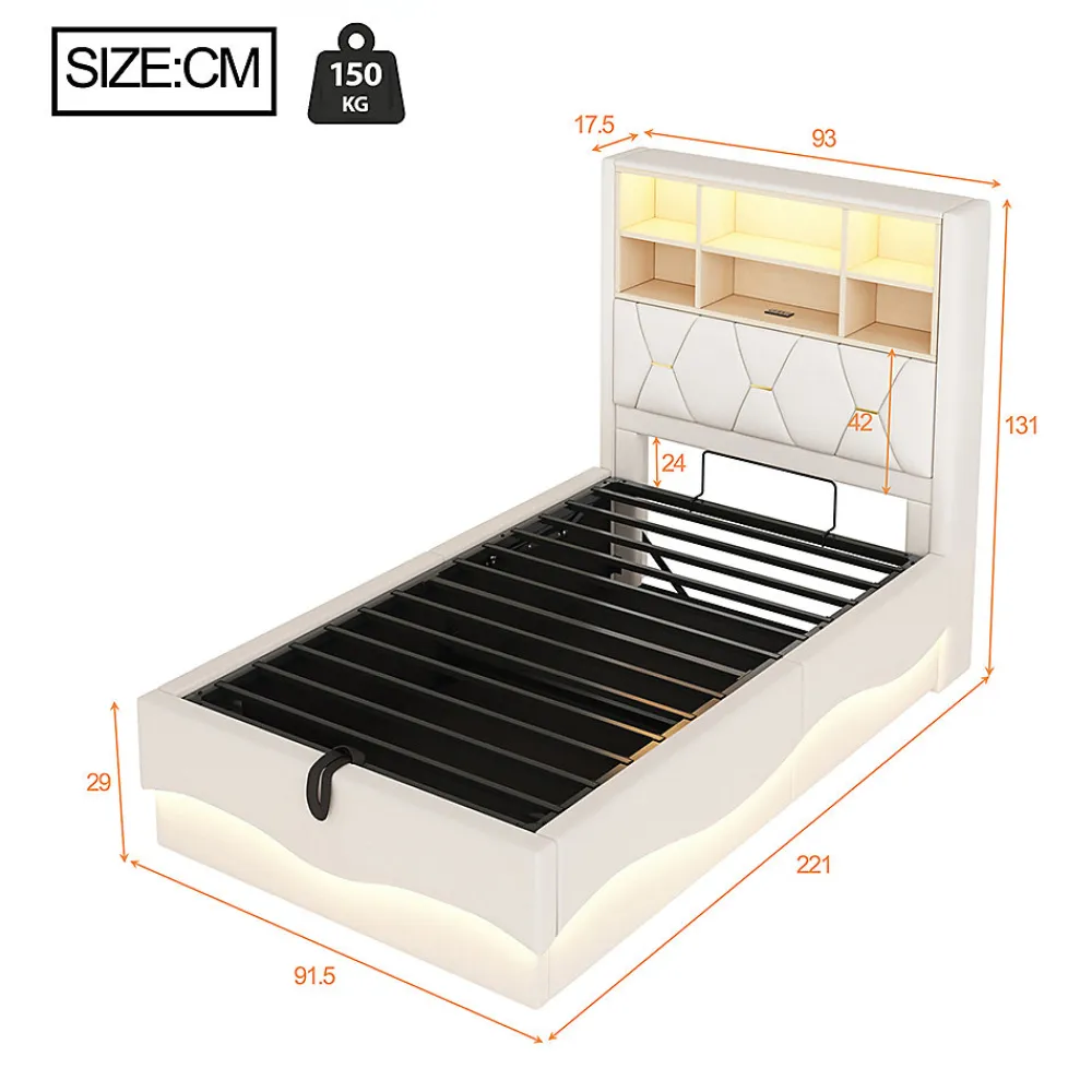 Lit enfant 90x200cm, LED app, USB, rangement hydraulique, lin beige>Blackcolors Outlet
