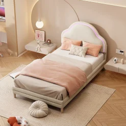 Lit Enfant 90x200cm LED Multicolore Velours Beige><noscript><img width=