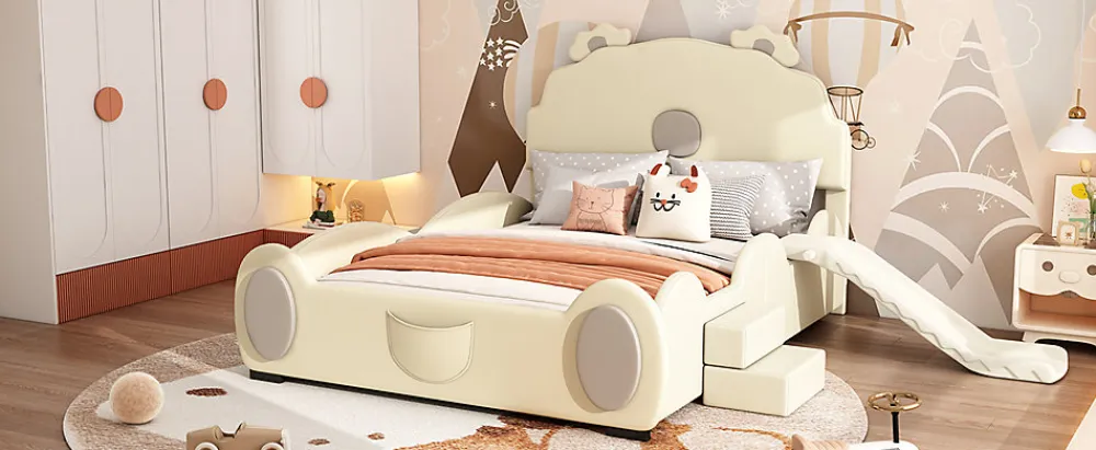 Lit Enfant 140x200cm, Lit Carton avec Toboggan, Beige>Fortuna lai Clearance