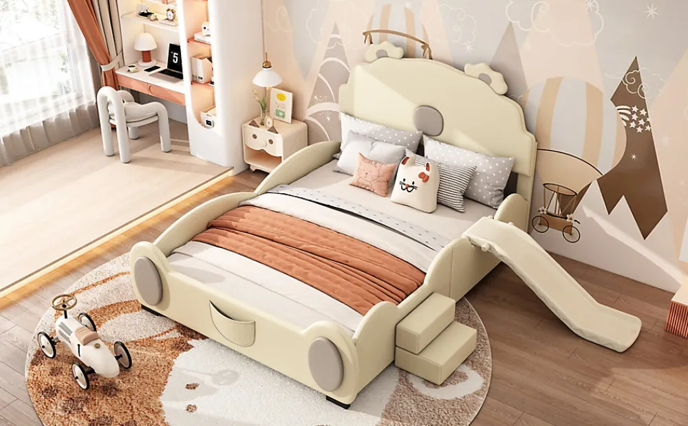 Lit Enfant 140x200cm, Lit Carton avec Toboggan, Beige>Fortuna lai Clearance